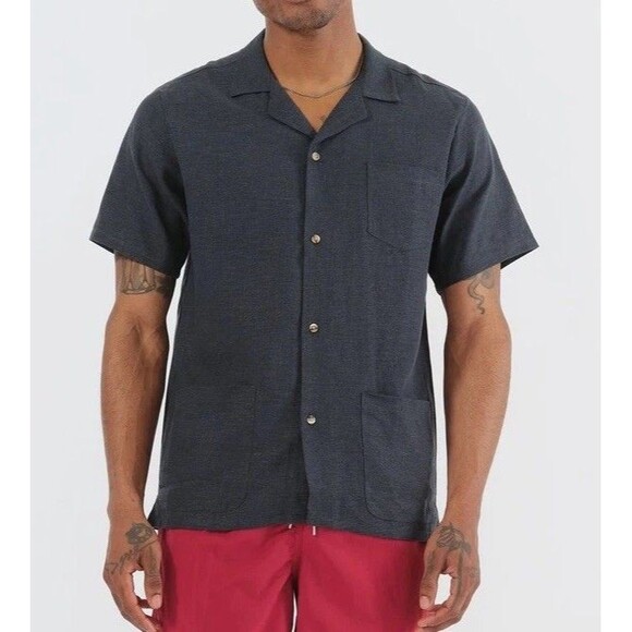 Bather Linen Traveler Shirt In Navy Mens Large Texture Short Sleeve Msrp $150 - Picture 1 of 10